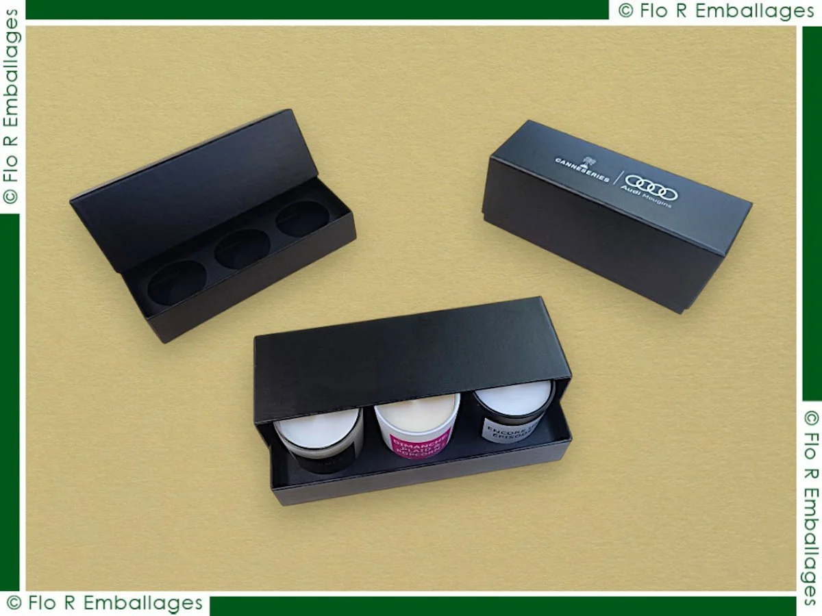 Coffret carton sur-mesure pour bougies parfumées, avec calage intérieur, impression totale et finition pelliculage mat anti-rayures