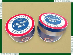 Coffrets ronds format sur-mesure, impression offset HUV des papiers d'habillage de tout l'extérieur des coffrets ronds, pose d'une cordelette blanc coton