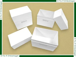 Packaging à gorge fabriqués en carton compact, habillage extérieur avec un papier imprimé d'un logo et pelliculé mat anti-rayures