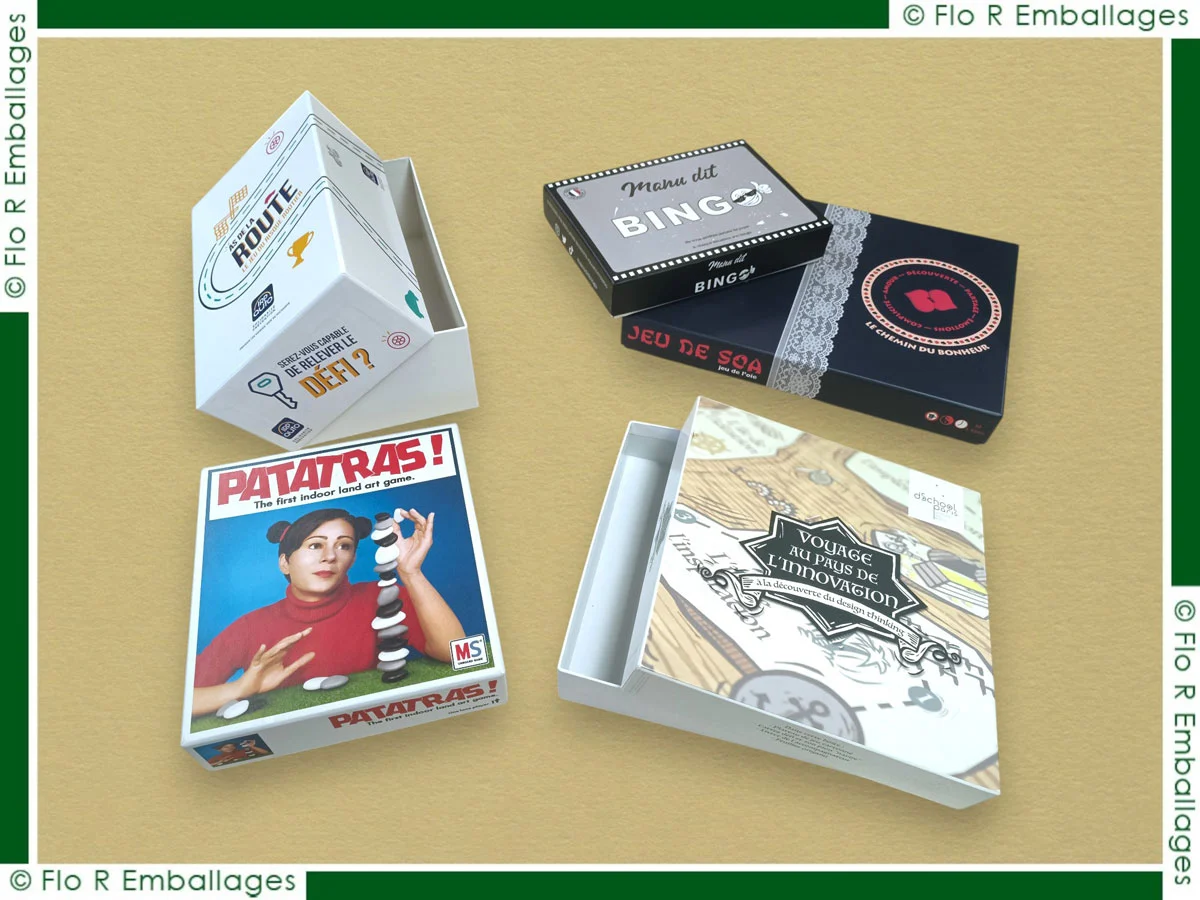 Boîte de jeu sur-mesure fabriquée en France, personnalisable en format, papier d'habillage et type d'impression, du prototype aux grandes séries