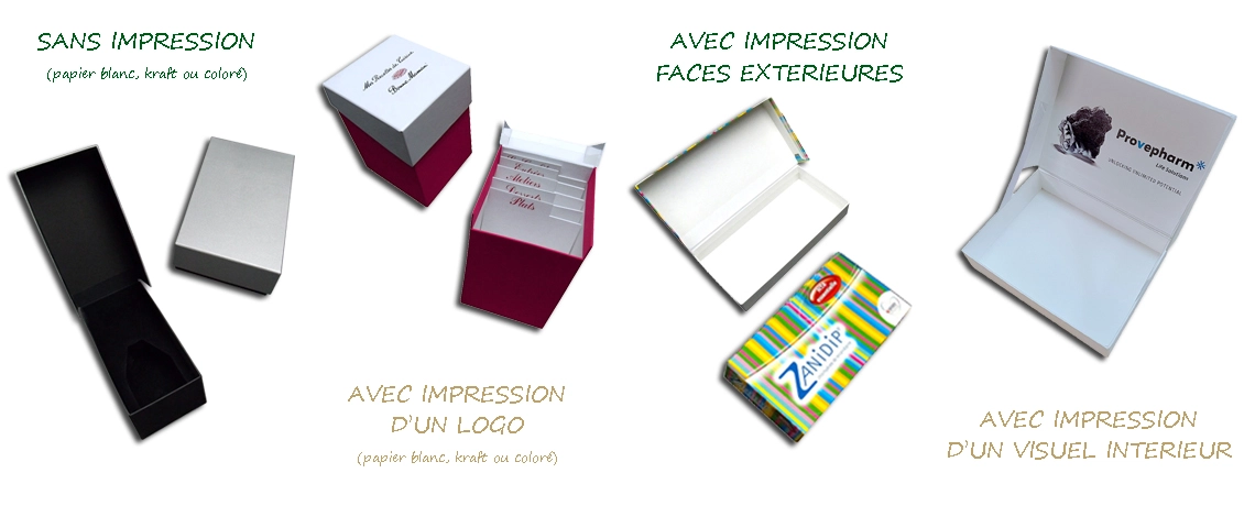 divers exemples de coffrets en carton avec couvercle articulé avec ou sans impression