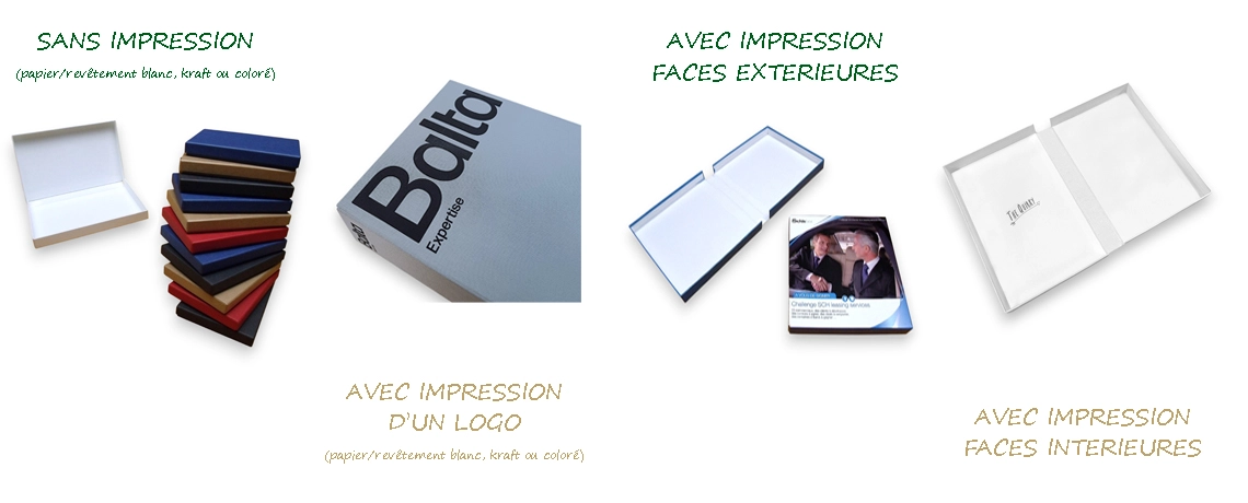 divers exemples de coffrets en carton type monocuvette avec ou sans impression