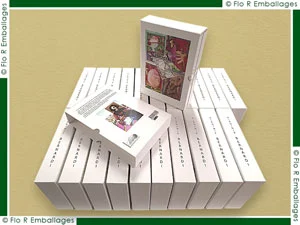 Fourreaux carton pour plusieurs livres, papier blanc mat imprimé quadri en numérique, finiton avec encoches (coupe franche du carton)